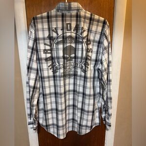 Harley Davidson Shirt Mens Medium White Gray black Plaid Skulls Motorcycle